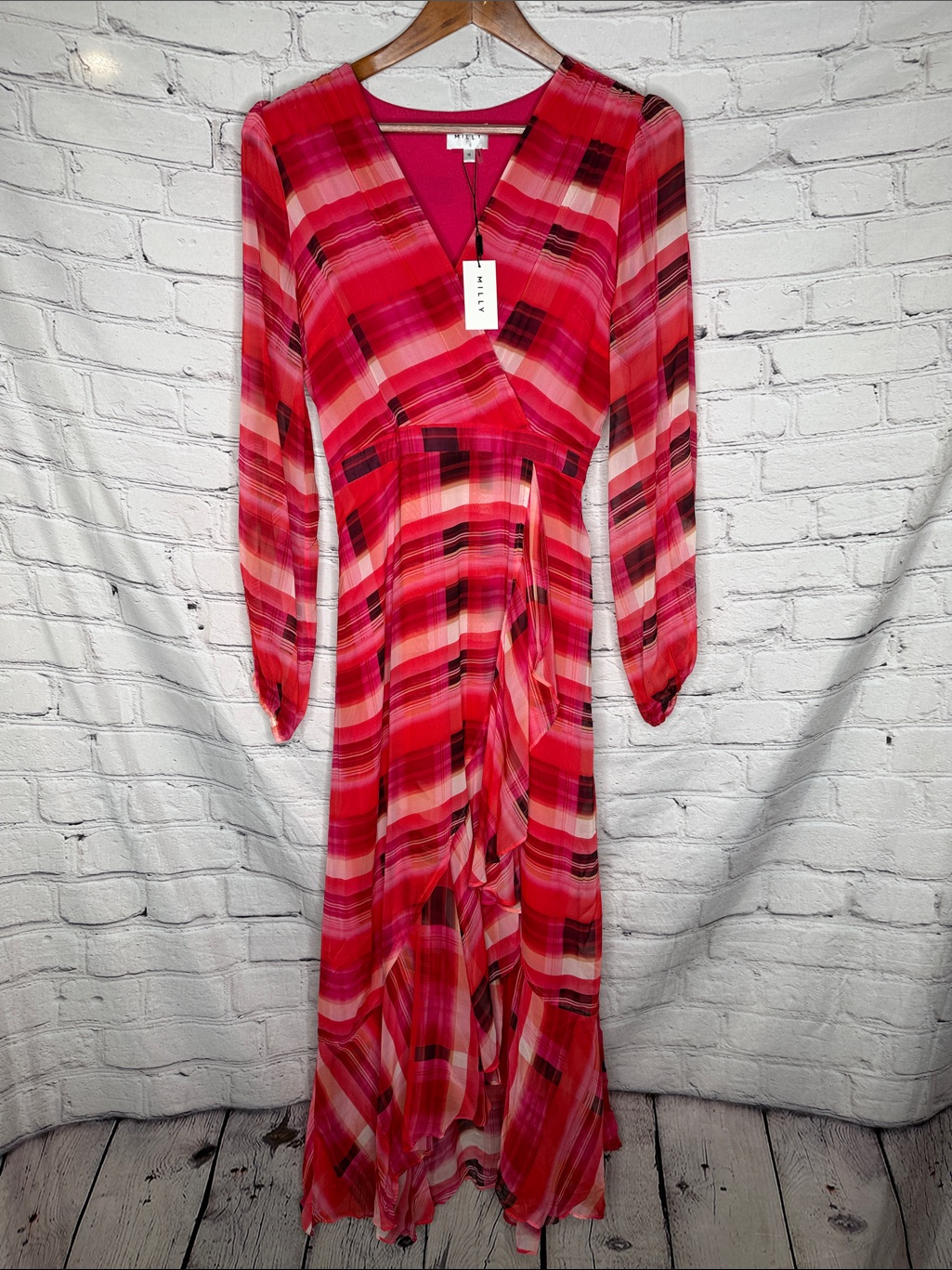 Milly Bright Pink & Red Striped Wrap Maxi Dress Size 10 Brand New W/Tags